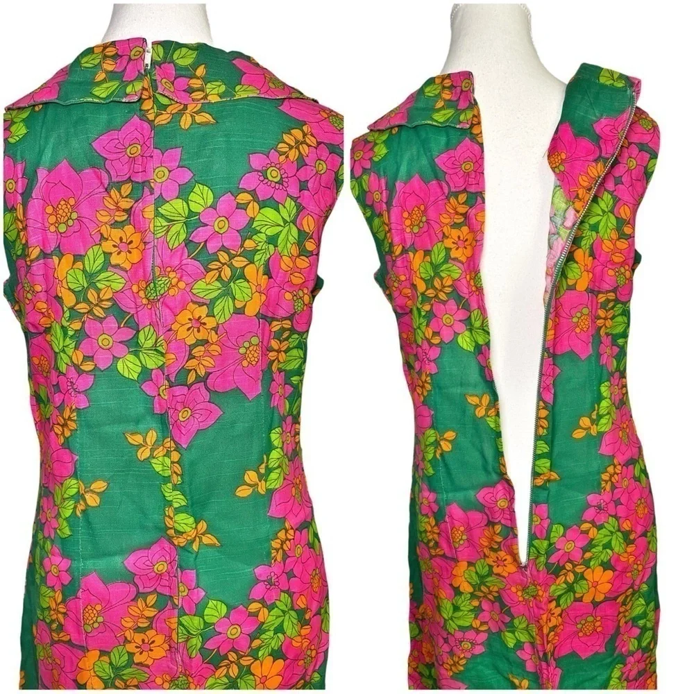 Lee Holliday Kelly Green, Pink, Orange, & Green Floral Print Midi Shift Dress